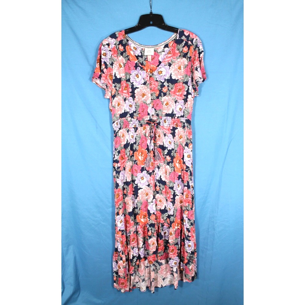 KNOX ROSE Navy/Multi CREPE Smock Waist FLORAL Button-Down HIGH-LOW Maxi Dress M
